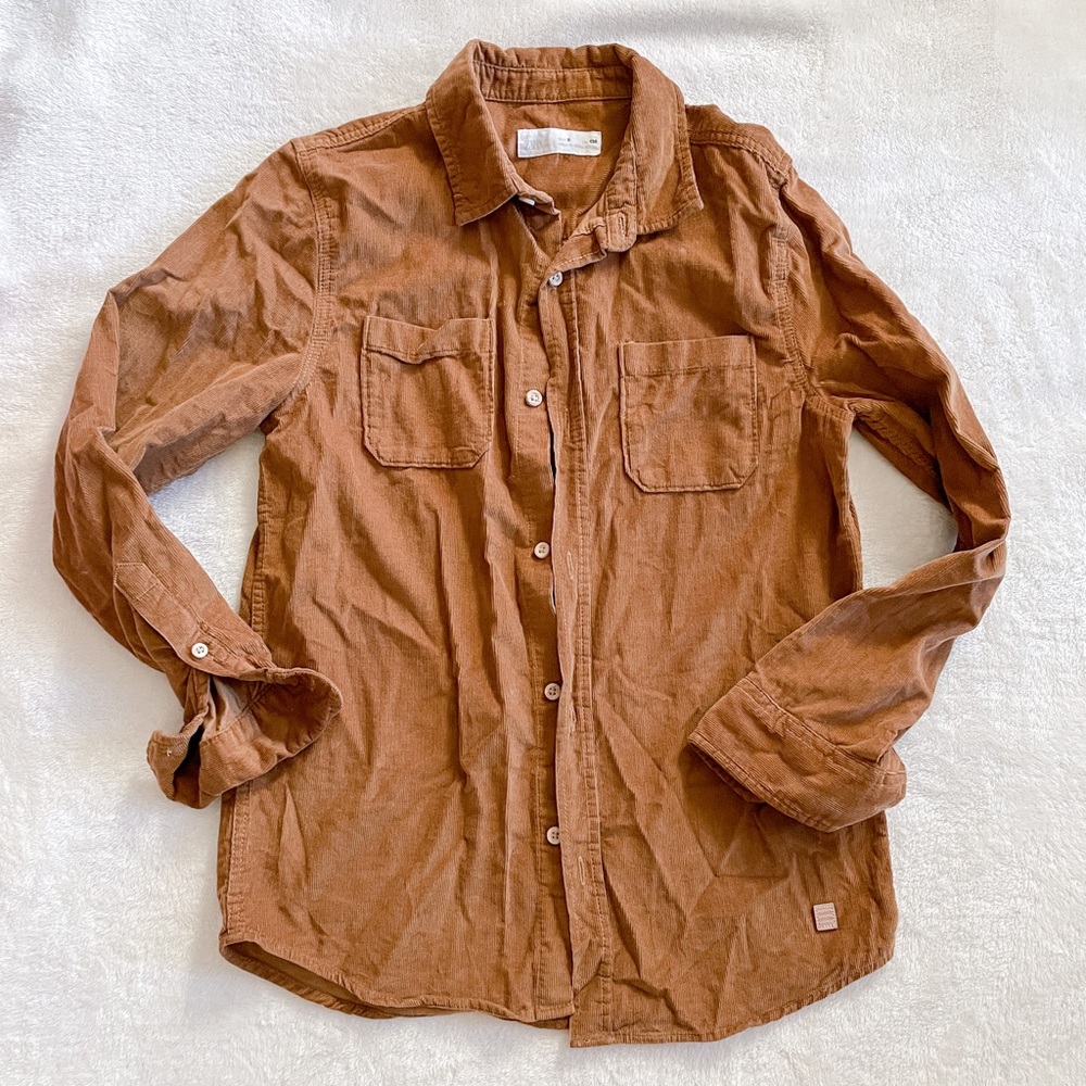 Zara Boys Plain Fine Waled Corduroy Shirt in Camel color